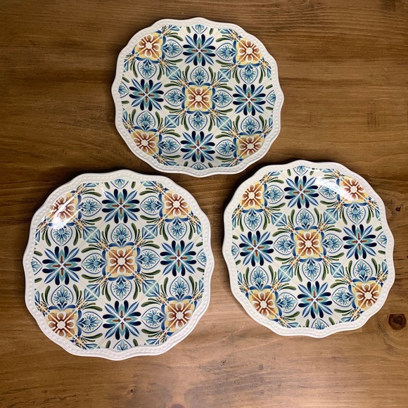 Pier 1 Imports ATHENA 8.5" Salad Plate Set 3Pc Blue Green Gold Floral Scalloped - Picture 6 of 6